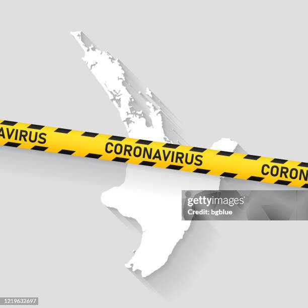 north island map with coronavirus caution tape. covid-19 outbreak - auckland map stock illustrations