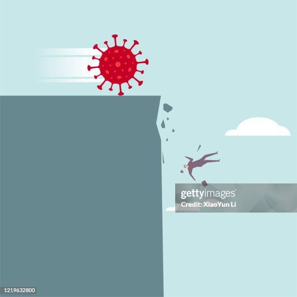 covid-19 struck, a man fell off the cliff, causing a huge disaster. - steep drop stock illustrations