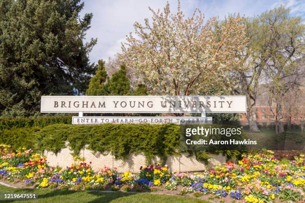 welcome sign banner at the edge of the brigham young university campus - motto stock pictures, royalty-free photos & images