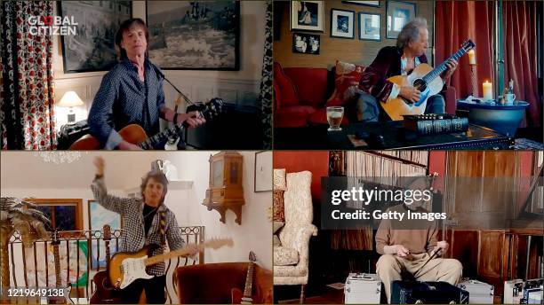 In this screengrab, Mick Jagger, Keith Richards, Ronnie Wood and Charlie Watts of musical group "The Rolling Stones" perform during "One World:...