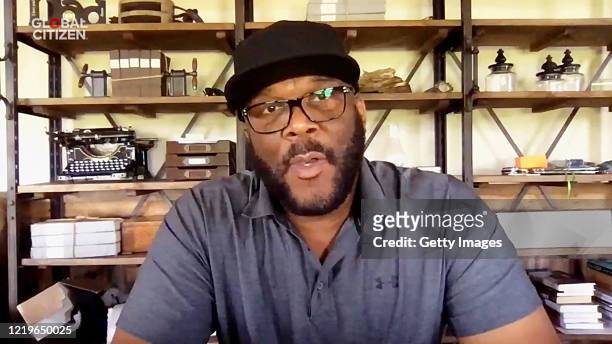 In this screengrab, Tyler Perry speaks during "One World: Together At Home" presented by Global Citizen on April 2020. The global broadcast and...