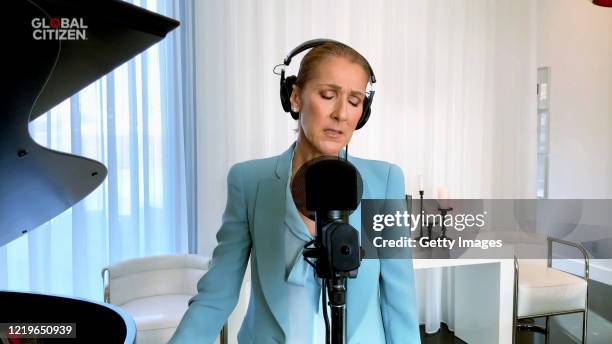 In this screengrab, Celine Dion performs during "One World: Together At Home" presented by Global Citizen on April 2020. The global broadcast and...