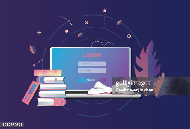 laptops and books, computer library - modern library stock illustrations