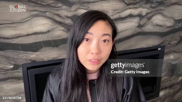 In this screengrab, Awkwafina speaks during "One World: Together At Home" presented by Global Citizen on April 2020. The global broadcast and digital...