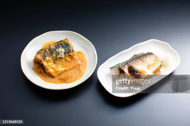 japanese home cooking, grilled mackerel and miso boiled - sodium stock pictures, royalty-free photos & images