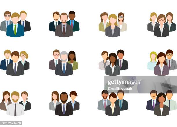 illustrations, cliparts, dessins animés et icônes de ensemble d’icône de groupe d’affaires - trois personnes