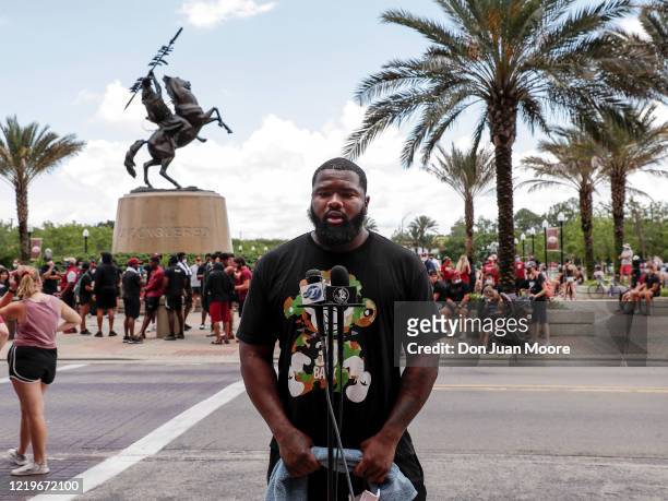 Defensive tackle Marvin Wilson of the Florida State Football Team speaks with the media before a unity walk on June 13, 2020 in Tallahassee, Florida....