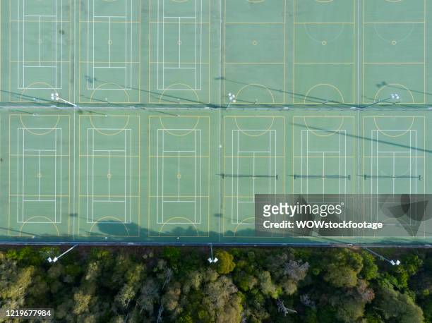 Aerial shot over empty netball and tennis courts on April 18, 2020 in Auckland, New Zealand. New Zealand has been in lockdown since Thursday 26 March...