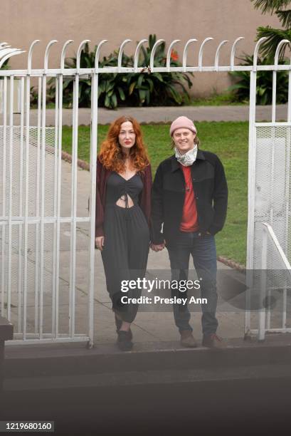 Samantha Weisberg and Lucas Grabeel walk around Koreatown during the coronavirus Covid-19 pandemic on April 18, 2020 in Los Angeles, California....