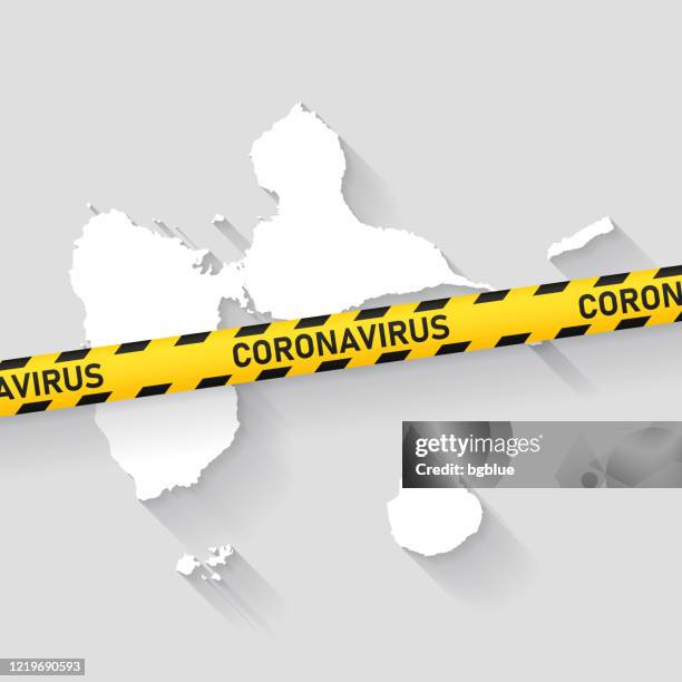 guadeloupe map with coronavirus caution tape. covid-19 outbreak - guadeloupe stock illustrations