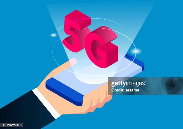 5g wireless network technology, hand holding smartphone with 5g - 5g mobile stock illustrations