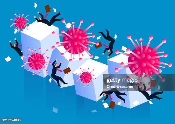 new coronavirus hits bar chart causing merchants to all fall, global covid-19 outbreak impacts world economy. - global impact stock illustrations