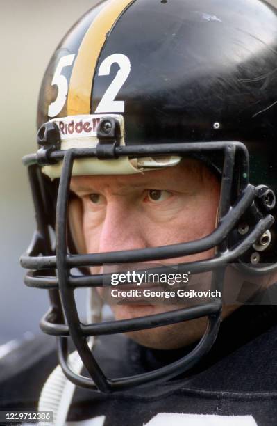 Center Mike Webster of the Pittsburgh Steelers looks on from the sideline during a game against the Washington Redskins at Three Rivers Stadium on...