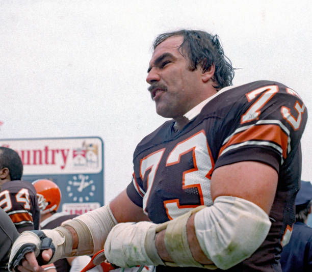 Offensive lineman Doug Dieken of the Cleveland Browns looks on from the sideline during a game against the New York Jets at Cleveland Municipal...