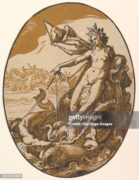 Tethys reclining in a giant shell chariot pulled by two sea creatures, 1588-90. Artist Hendrik Goltzius.