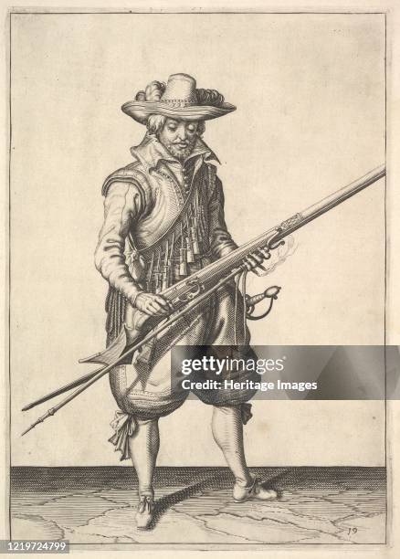 Soldier shaking the powder from the top of the pan, from the Musketeers series, plate 19, in Wapenhandelinghe van Roers Musquetten Ende Spiessen ....