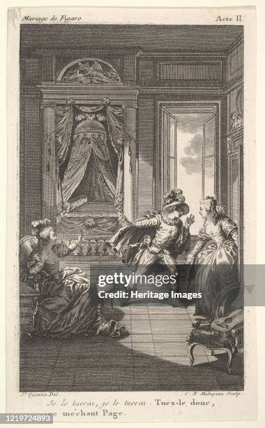 Man leans toward a woman standing in a doorway at right, at left a seated woman raises both hands, a canopied bed beyond, from a series of five...