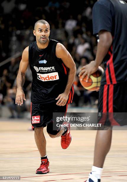 French national team's player Tony Parker practices during a training on August 24, 2011 in the French norther city of Calais, in preparation for the...