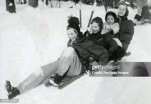 Swedish royal kids in the snow, 13 Jan 1950. Artist Unknown.