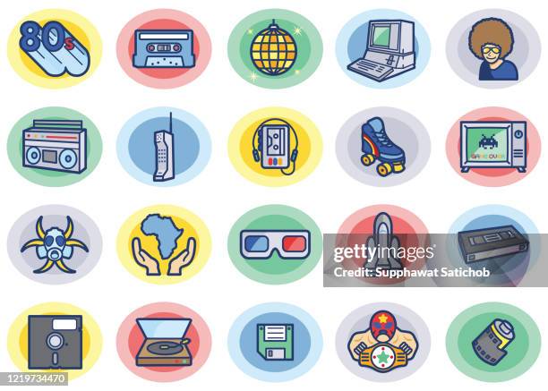 retro 80er jahre farbe icons set - game over short phrase stock-grafiken, -clipart, -cartoons und -symbole