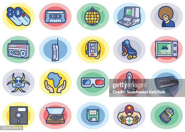 illustrations, cliparts, dessins animés et icônes de retro 80s color icons set - lunettes 3d