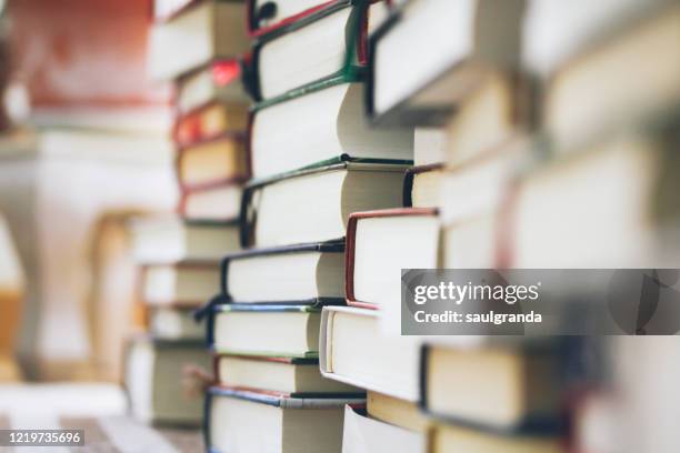 piles of books stacked on a carpet - literature fotografías e imágenes de stock