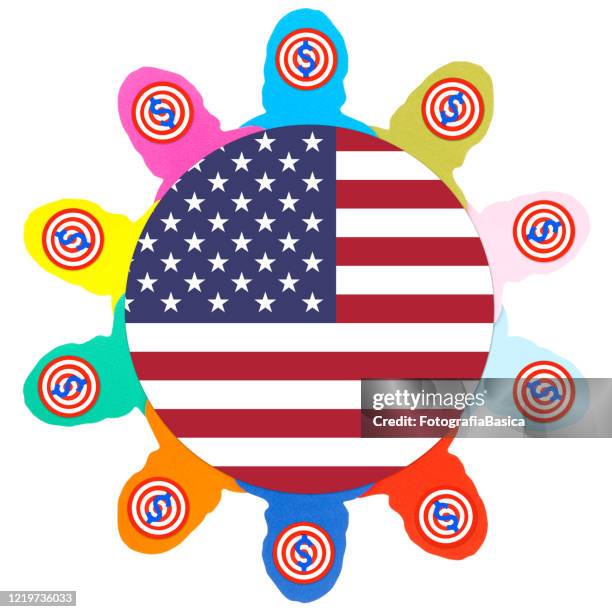women targeted with dollar sign with american flag - watching multiple devices stock illustrations