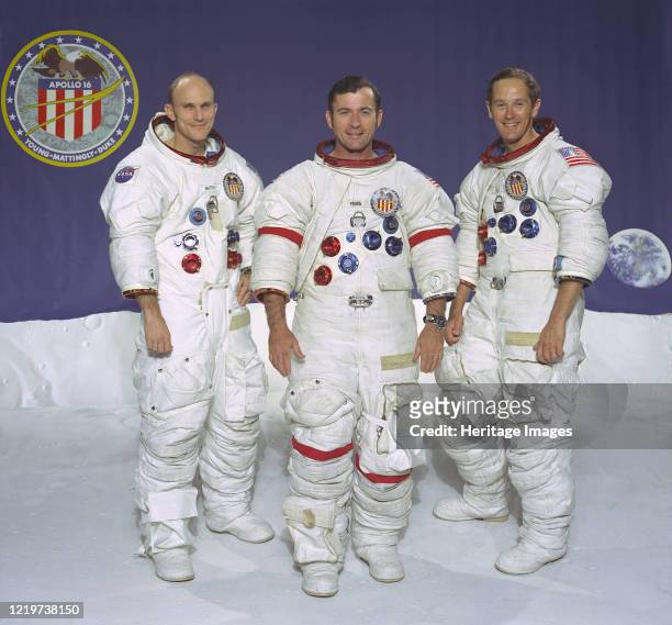 Apollo 16 The prime of the Apollo 16 lunar landing mission. From left to right: Thomas K. Mattingly II, Command Module pilot; John W. Young,...