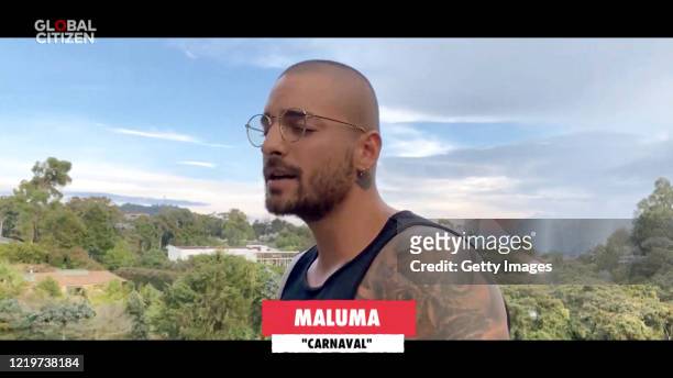 In this screengrab, Maluma performs during "One World: Together At Home" presented by Global Citizen on April 2020. The global broadcast and digital...