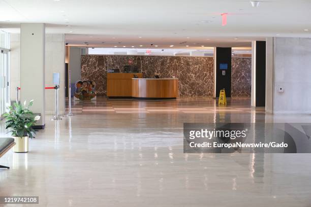 View of empty United Nations headquarters during lunch time, when under normal circumstances the corridors and hallways are bustling with people,...