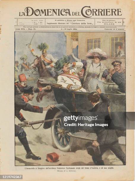 The Assassination of Archduke Franz Ferdinand of Austria and his wife in Sarajevo, 28th June 1914. (From La Domenica del Corrier, 1914. Private...