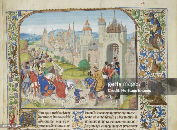 Isabella of France welcomed by her brother Charles IV to Paris (Miniature from the Grandes Chroniques de France by Jean Froissar, ca 1470-1475. Found...