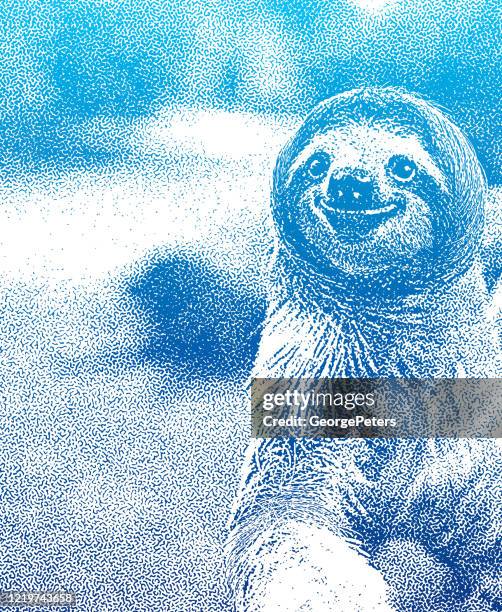 stipple illustration of a happy sloth - animal meme stock illustrations