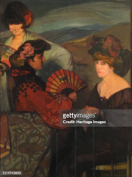 Spanish women and an English woman on the balcony, 1900s. Found in the Collection of Museo Nacional de Bellas Artes de Buenos Aires. Artist Zuloaga y...