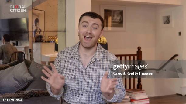 In this screengrab, Sam Smith performs during "One World: Together At Home" presented by Global Citizen on April 2020. The global broadcast and...