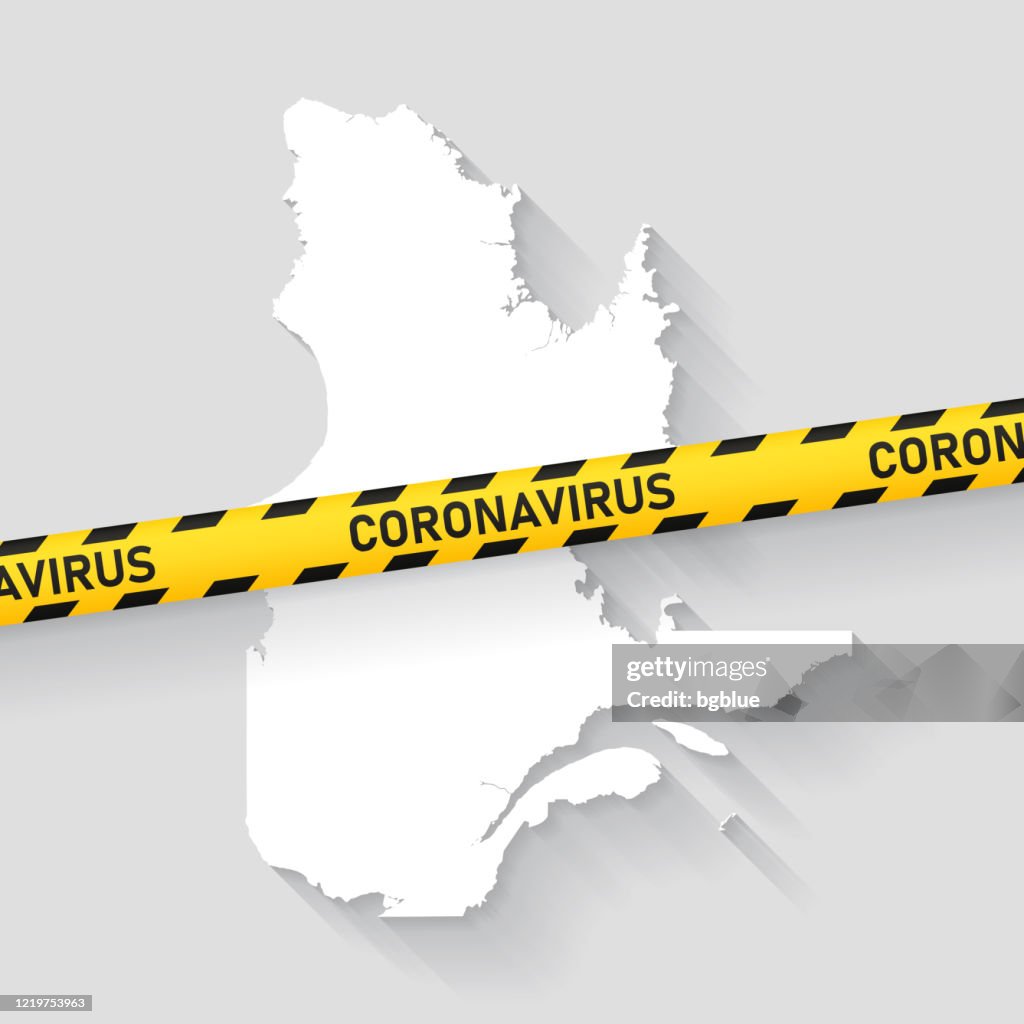 Quebec kaart met Coronavirus voorzichtigheid tape. Covid-19 uitbraak