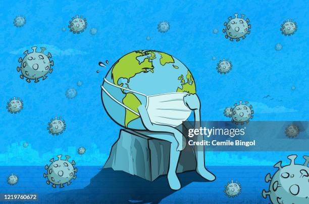 coronavirus outbreak and confused earth character - infection control background stock illustrations