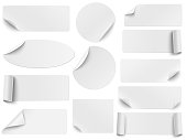 Set of vector white paper stickers of different shapes with curled corners isolated on white background. Round, oval, square, rectangular shapes.