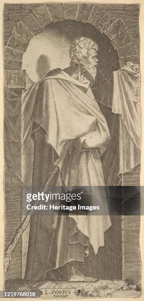 St. James Minor in an arcuated niche, holding a walking stick in his hands, which are covered by his cloak, from a series of full-length figures of...