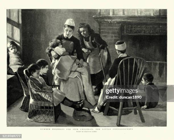 nurse looking after sick children, victorian 19th century - childrens hospital stock illustrations