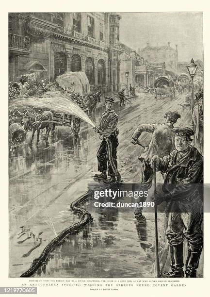 コレラパンデミック中に消毒剤でロンドンの通りを洗う、1890年代 - コレラ菌点のイラスト素材／クリップアート素材／マンガ素材／アイコン素材