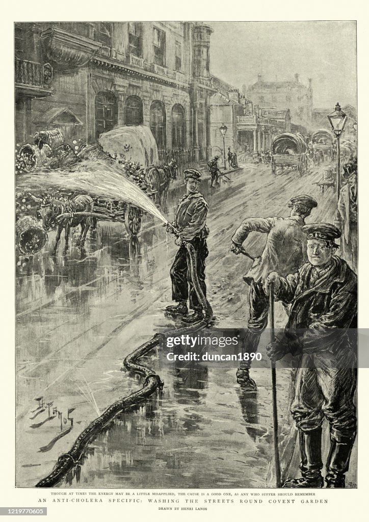 Washing streets of London with antiseptic during cholera pandemic, 1890s