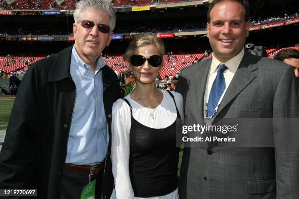 Kyra Sedgwick meets with New York Jets General Manager Mike Tannenbaum when she attends the New York Jets vs Indianapolis Colts game at The...