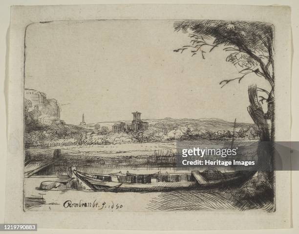 Canal with a Large Boat and a Bridge, 1650. Artist Rembrandt Harmensz van Rijn.