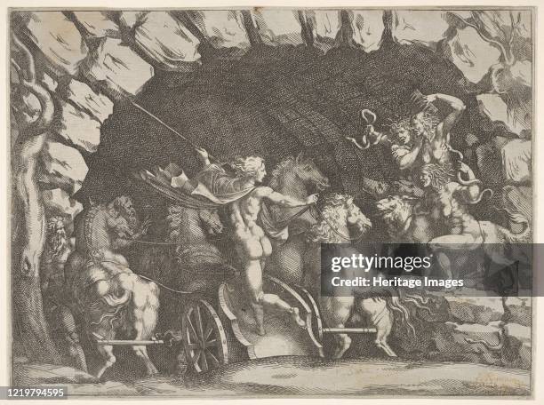 Pluto, seen from behind, entering the Underwold on his chairot, Cereberus and three Furies to right, from 'Giove che fulmina li giganti', after the...