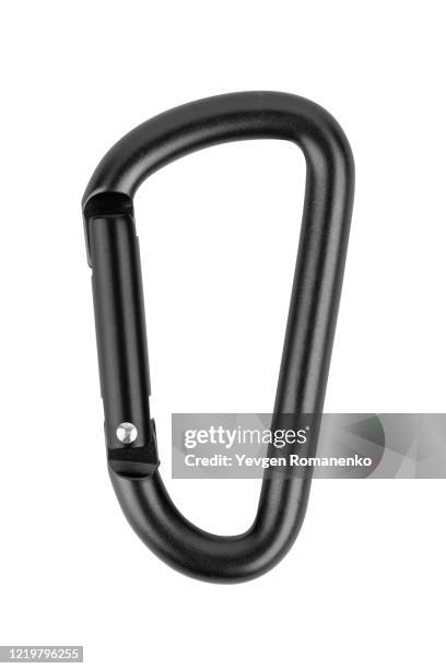 black carabiner isolated on white background - latch stock-fotos und bilder