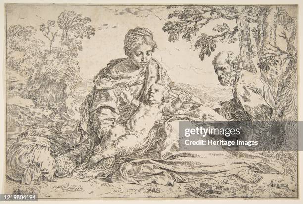 Rest on the flight into Egypt, Mary holding the infant Christ with St. Joseph at right, circa 1640. Artist Simone Cantarini.