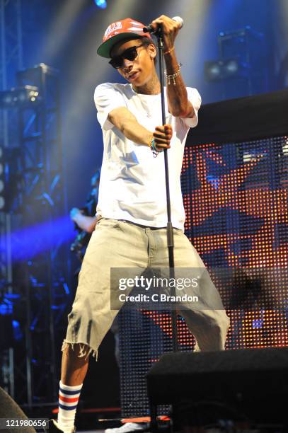 Wiz Khalifa performs on stage at the V Festival in Hylands Park on August 20, 2011 in Chelmsford, United Kingdom.