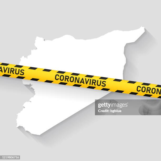 syria map with coronavirus caution tape. covid-19 outbreak - damaskus stock illustrations