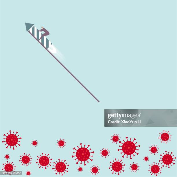 covid-19 strikes and a man escapes using a skyrocket. - covid hogmanay stock illustrations